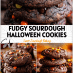 Stack of fudgy Sourdough Chocolate Halloween Cookies topped with chocolate chips and festive sprinkles.